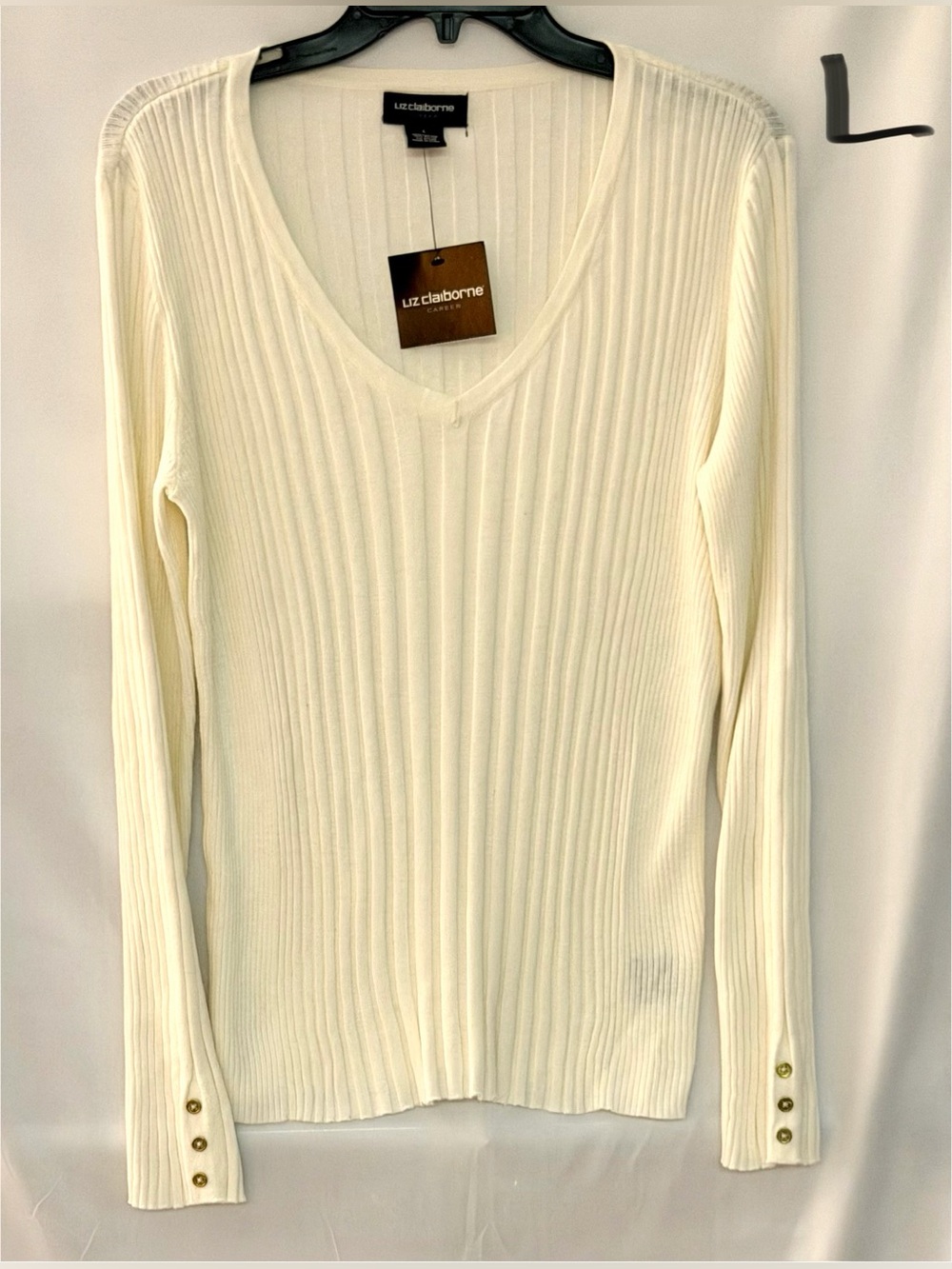 Liz Claiborne Cream Ribbed V-Neck Sweater with Button Cuffs